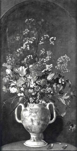 Anonimo — Anonimo spagnolo sec. XVII - Natura morta con vaso di fiori in una nicchia — insieme